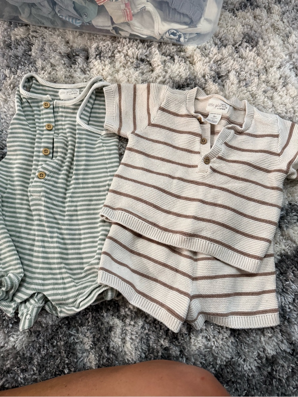 Little Planet Cream & Brown Striped Knit Short Set and Green and Cream Onesi